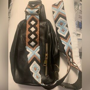 NWOT Black Crossbody Bag with Patterned Western Strap